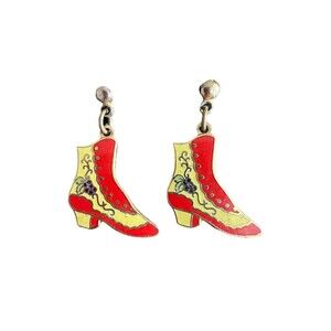 Vintage Victorian Type Shoe Boot Grapes Prairie Enamel Earrings Red Yellow